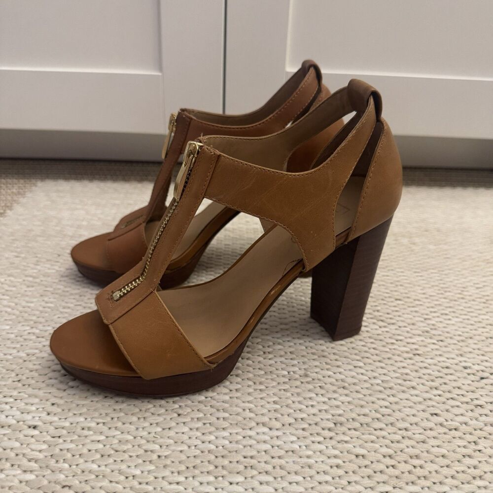 Franco Sarto Myriad Block Heel Sandal Women's 6 Tan Leather Gold Zipper Open Toe - Picture 3 of 7